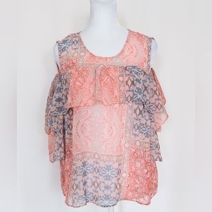 BCBGMAXAZRIA Cold Shoulder Ruffle Bell Sleeve Pink Blue Top Size Medium NWT